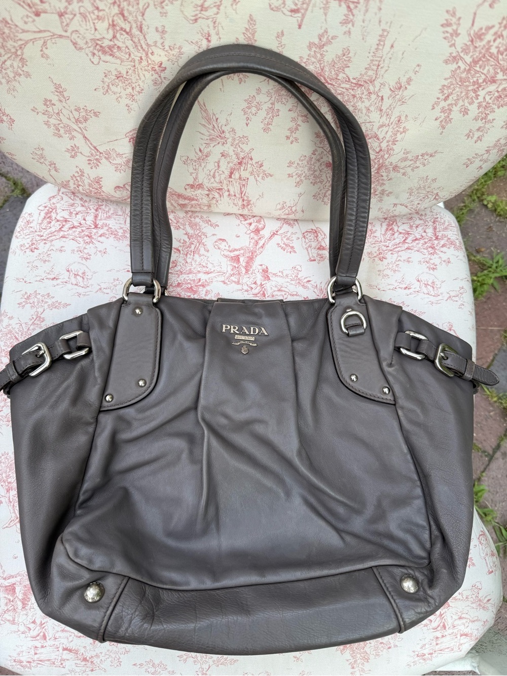 Prada pleated leather tote clay grey